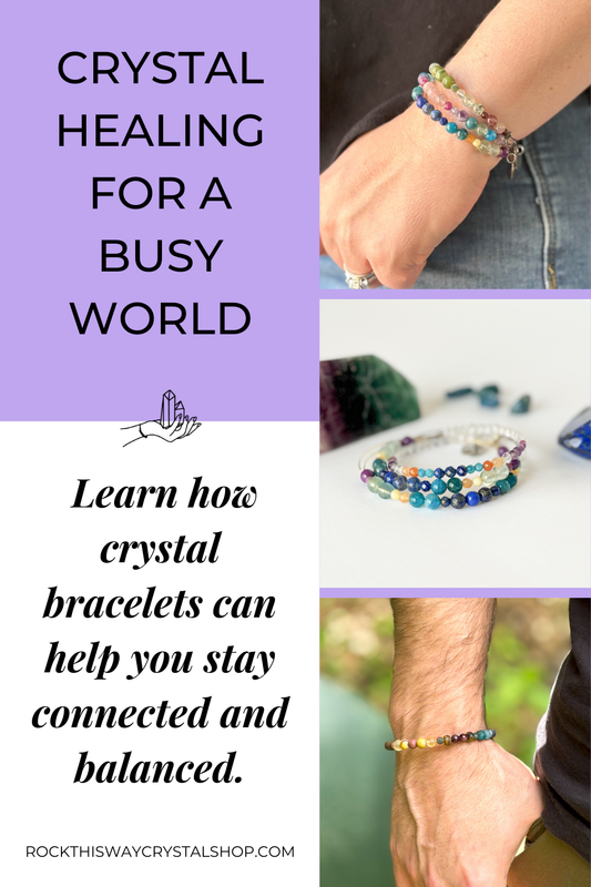 Three pictures of crystal healing bracelets.