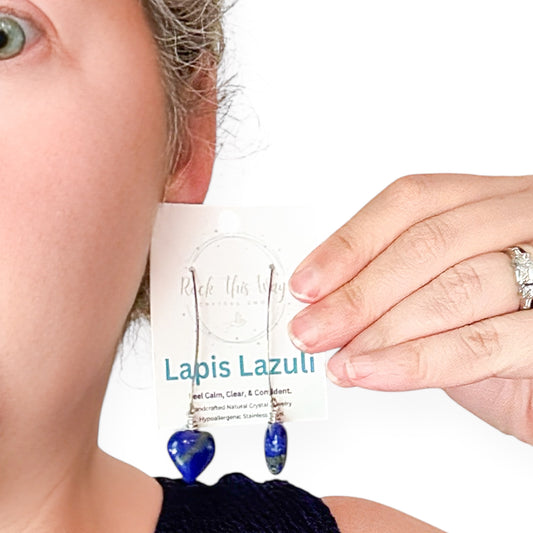 Lapis Lazuli - Natural Crystal Drop Earrings - Stainless Steel Earring Wire