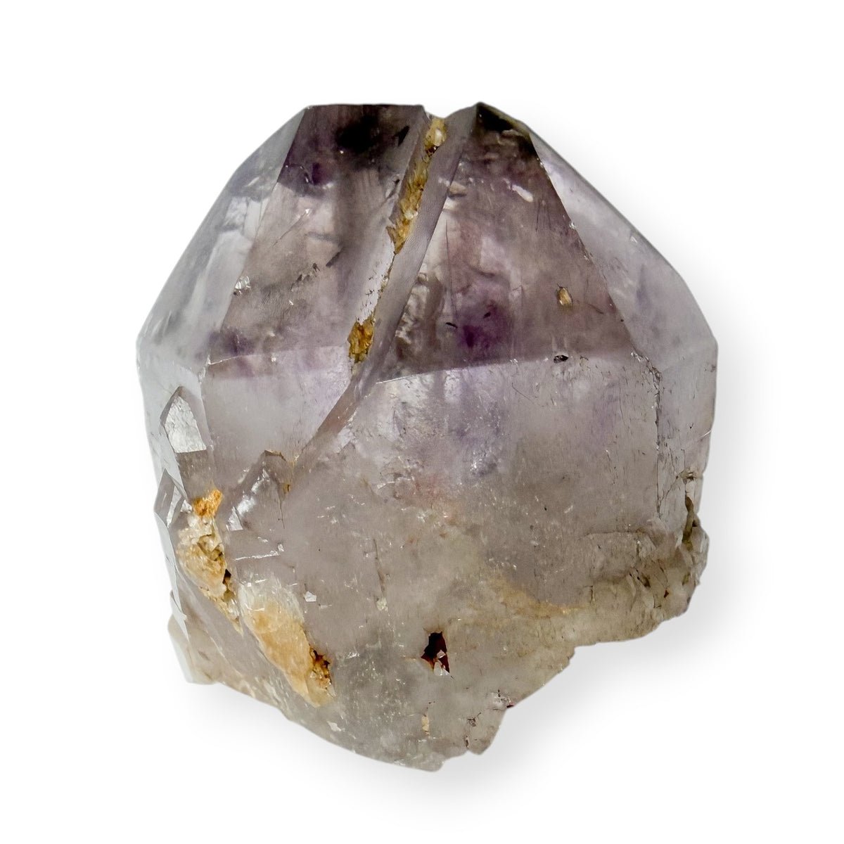 Purple Amethyst Crystal with Almost Twin Points on white background