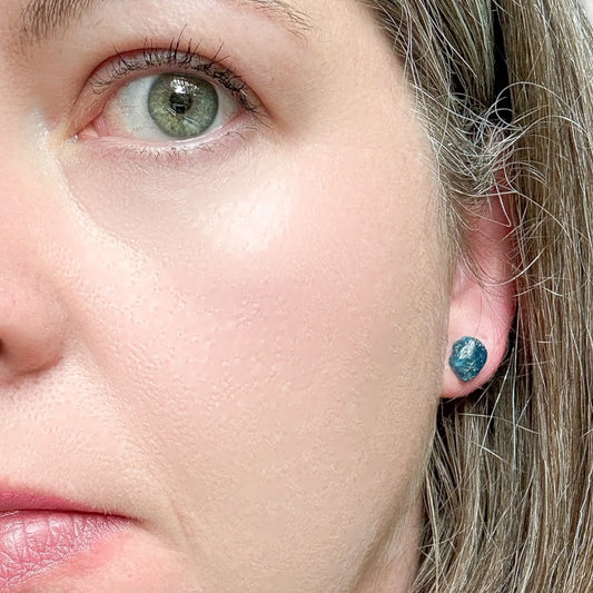 Blue Apatite Stud Earrings on Model shown for size