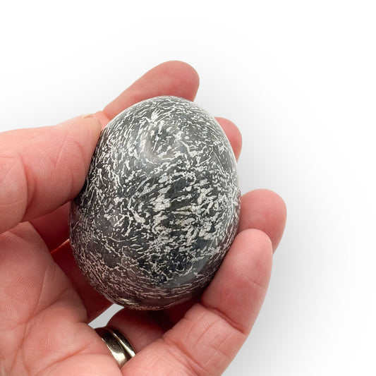 A polished Rhyolite egg with natural earthy tones and patterns, displayed on a white background.