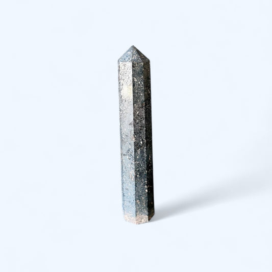 Side angle of Small Pyrite Obelisk showing metallic texture and detail