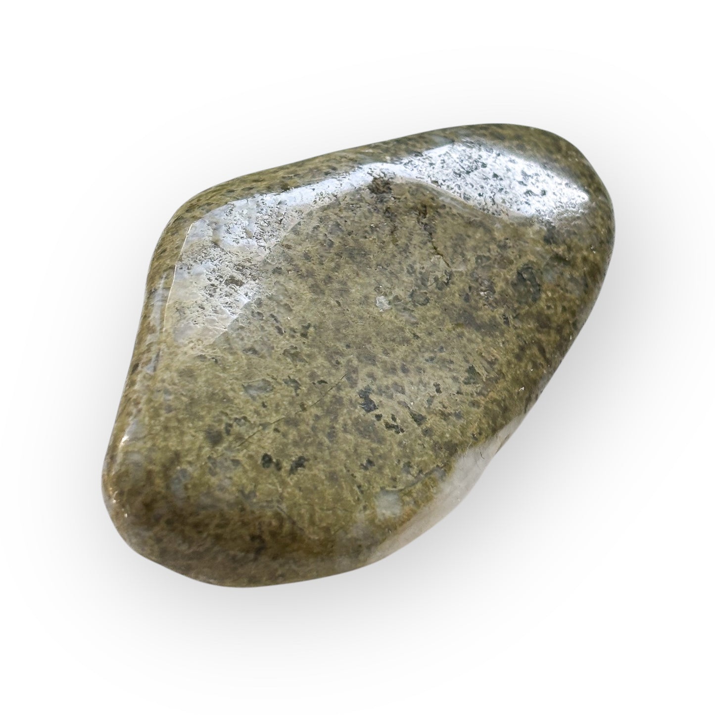 Front view of medium polished African Epidote with olive and peach tones