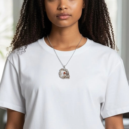 Model wearing silver plated agate geode slice necklace with citrine crystal on stainless steel chain