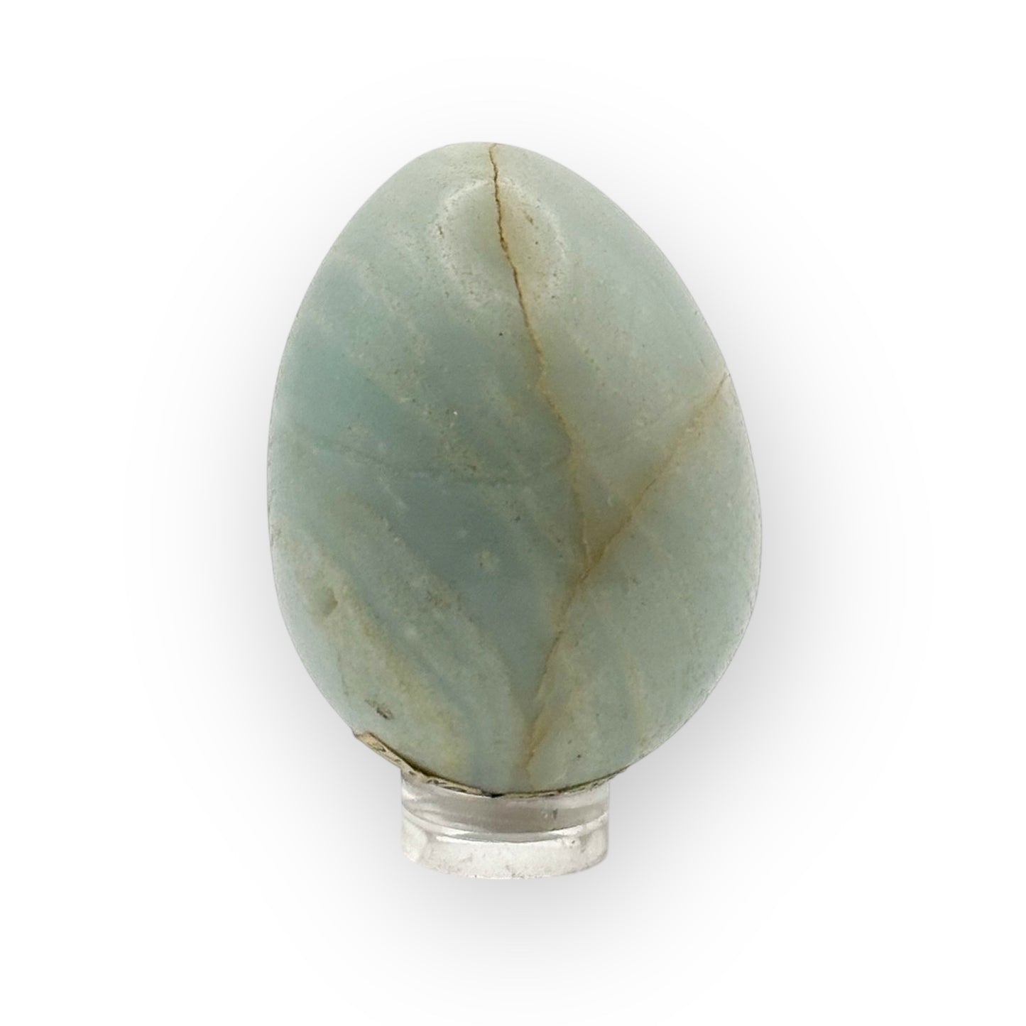 Polished Amazonite egg on display stand with calming tones and subtle surface texture