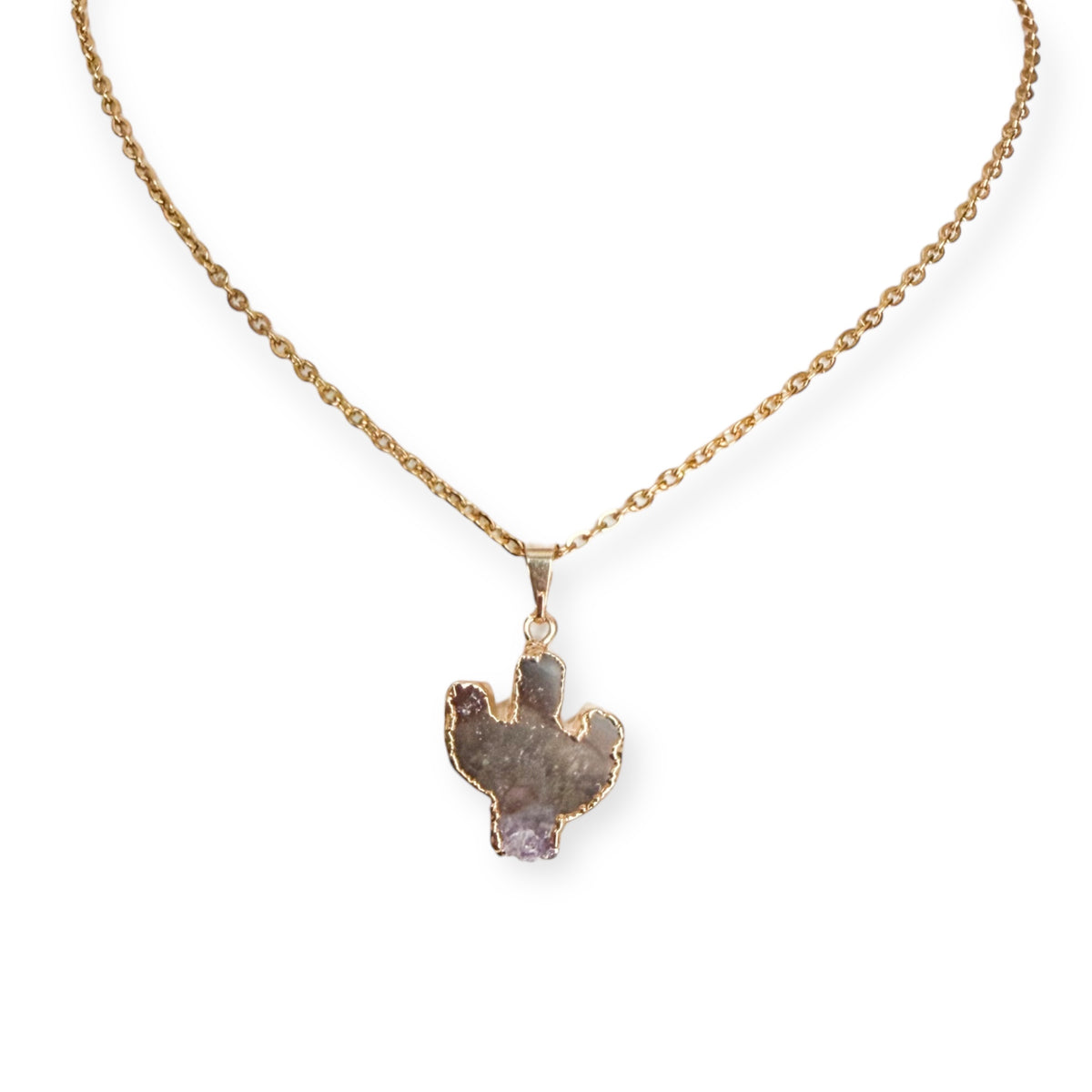 Amethyst cactus pendant necklace with soft lavender and purple crystal tones on an 18 inch gold plated stainless steel chain with extender.