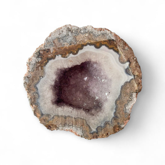 Front view of Amethyst Quartz Geode with purple center