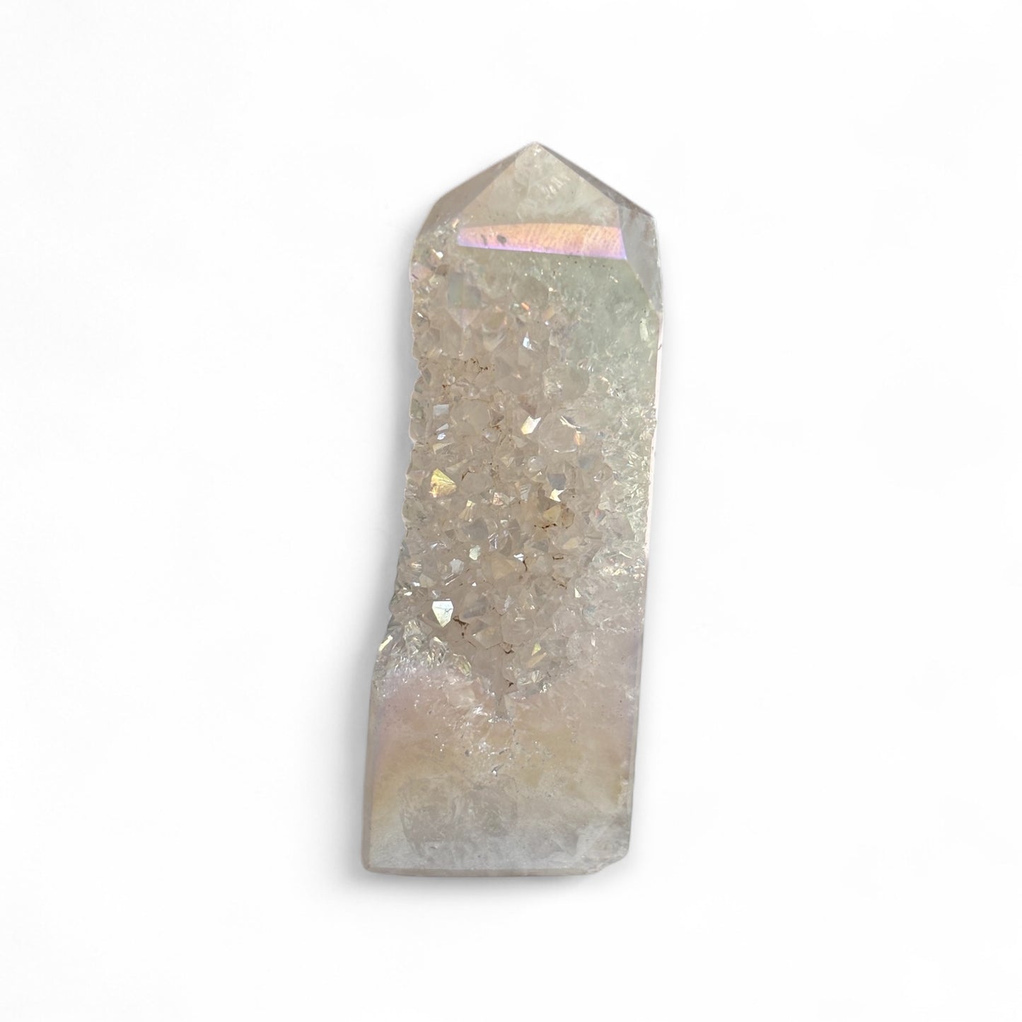 Front view of small Angel Aura drusy tower with rainbow shimmer and crystal texture
