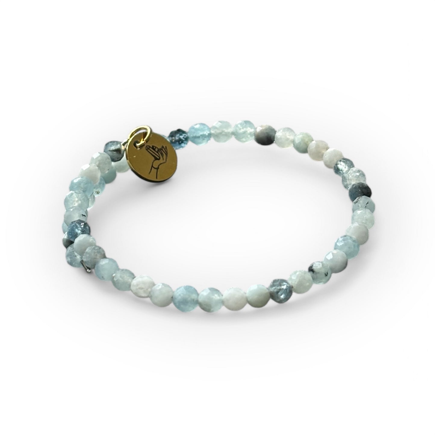 Aquamarine wrap bracelet with 4mm micro-faceted beads, handcrafted for calm and clarity.