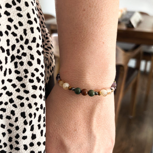 Aries Crystal Charm Bracelet worn on wrist, highlighting its flexible and adjustable fit with vibrant natural stones.