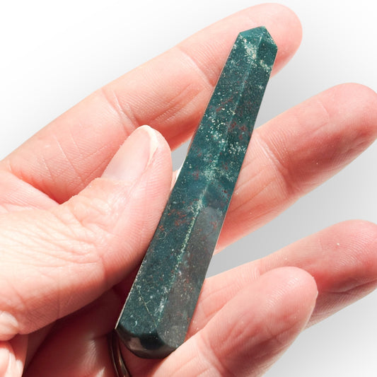 Bloodstone crystal wand point held in a hand, showing its size and shape
