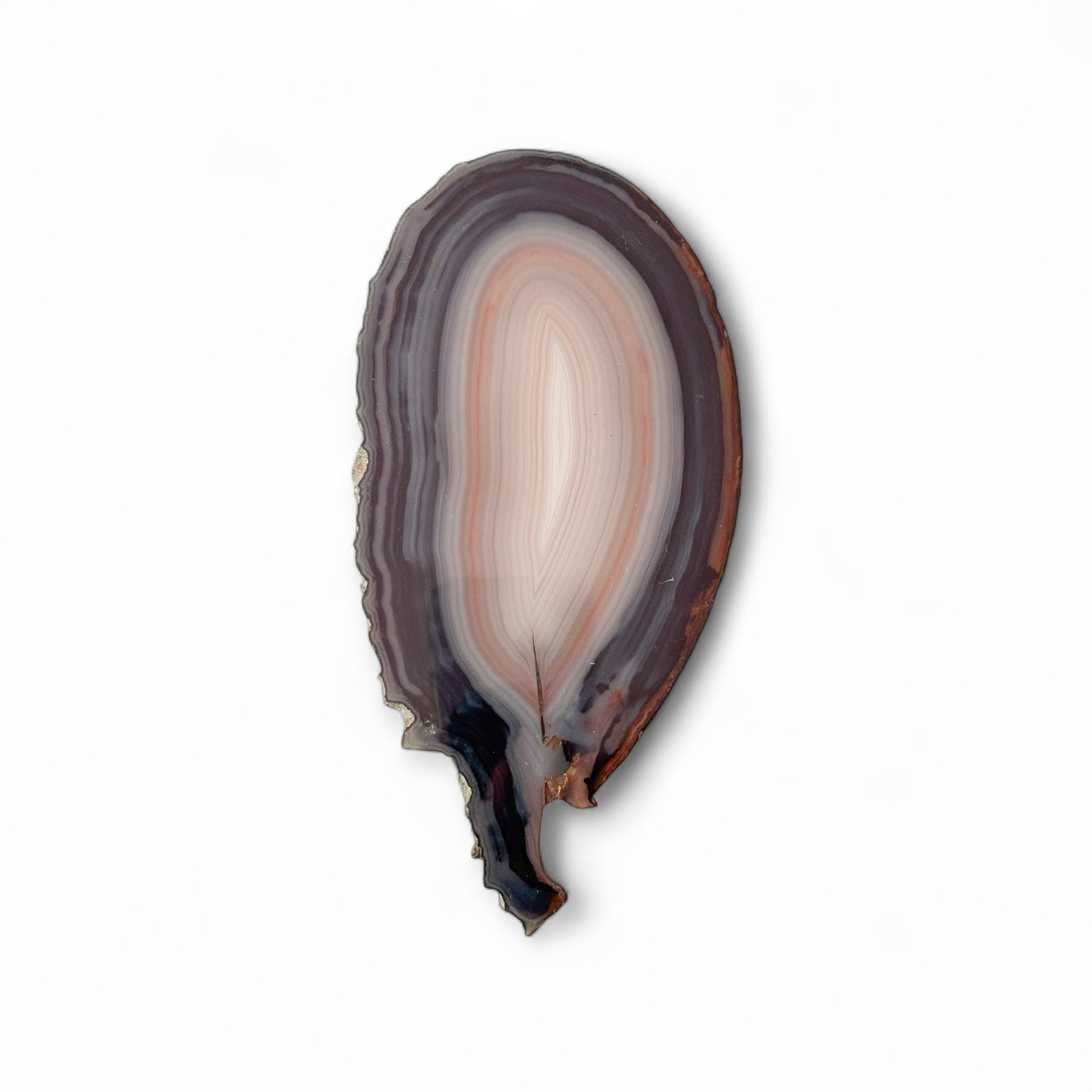 Close-up of blue agate crystal slice showing soft blue and white layers