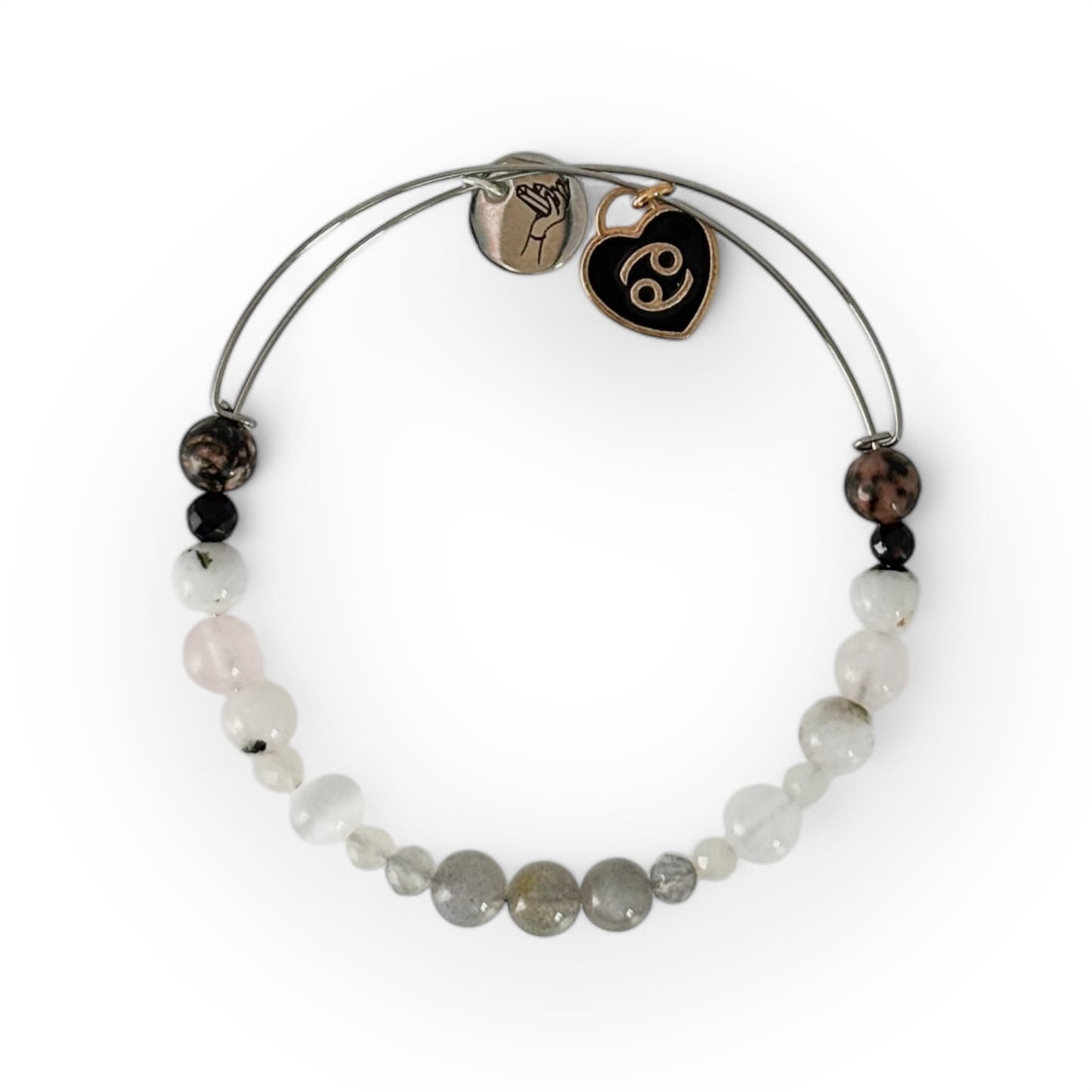 Cancer Crystal Charm Bracelet with a black charm, featuring Labradorite, Moonstone, Selenite, Rose Quartz, Black Tourmaline, and Rhodonite for intuition and protection.