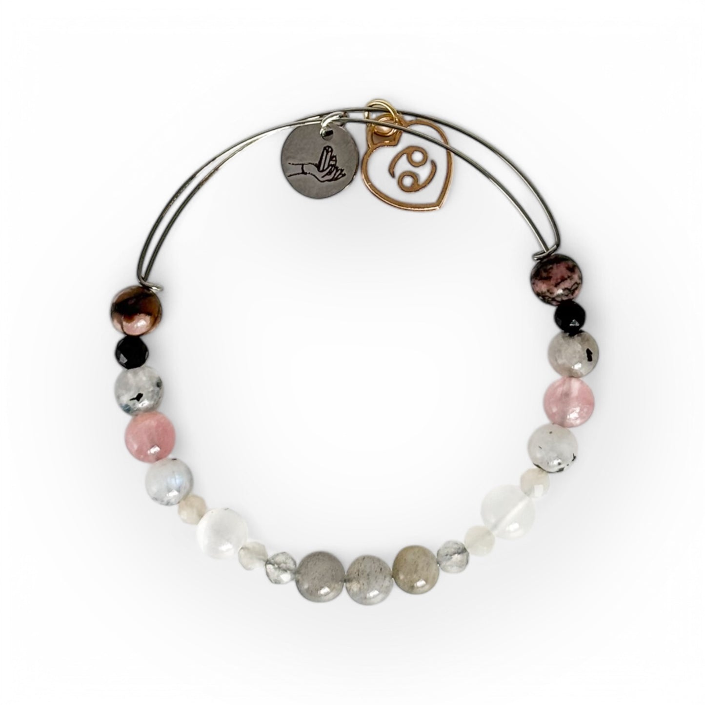 Cancer Crystal Charm Bracelet with a white charm, handcrafted with Labradorite, Moonstone, Selenite, Rose Quartz, Black Tourmaline, and Rhodonite for intuition and emotional balance.
