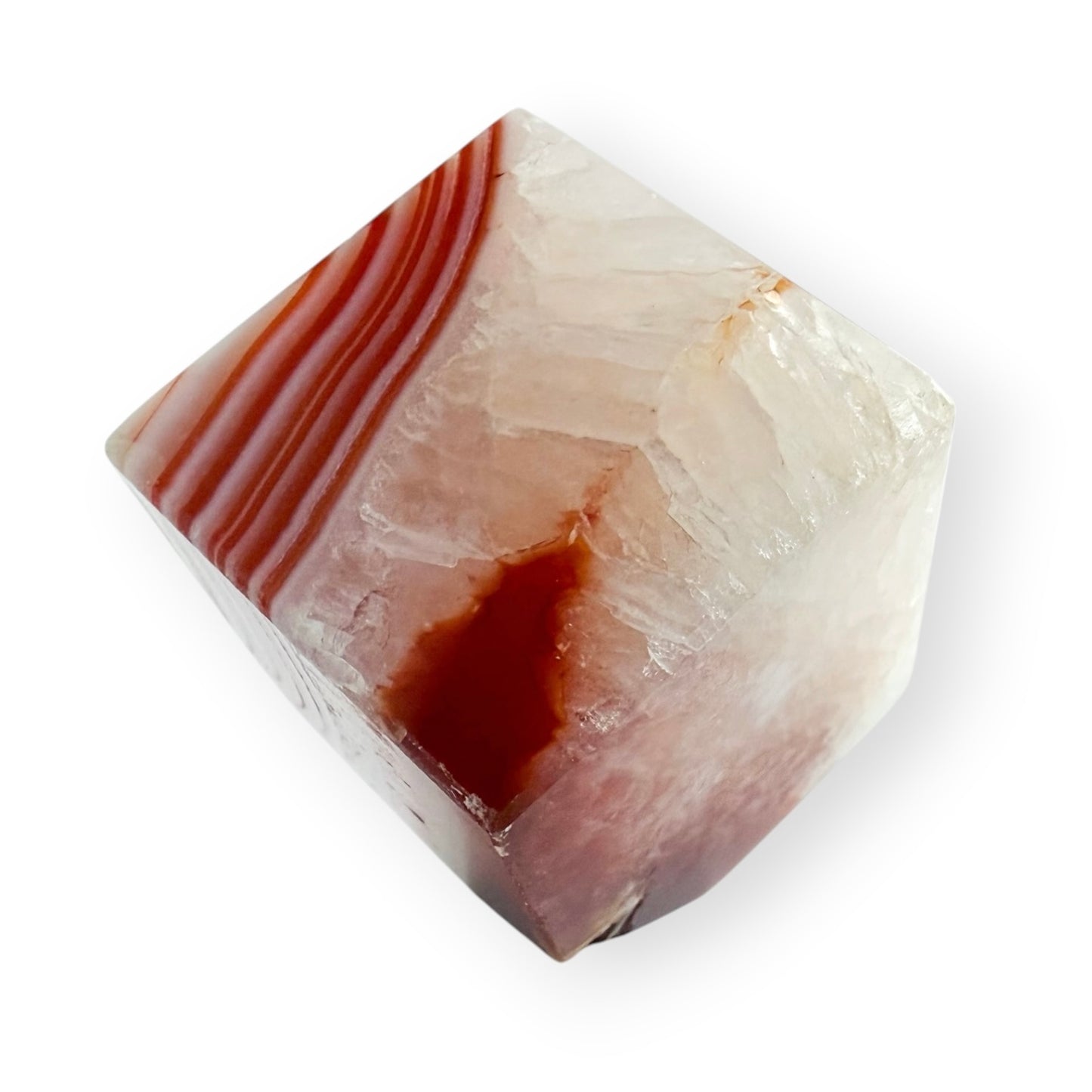 Carnelian Agate self-standing cube showing vivid banding and natural crystalline quartz formation.