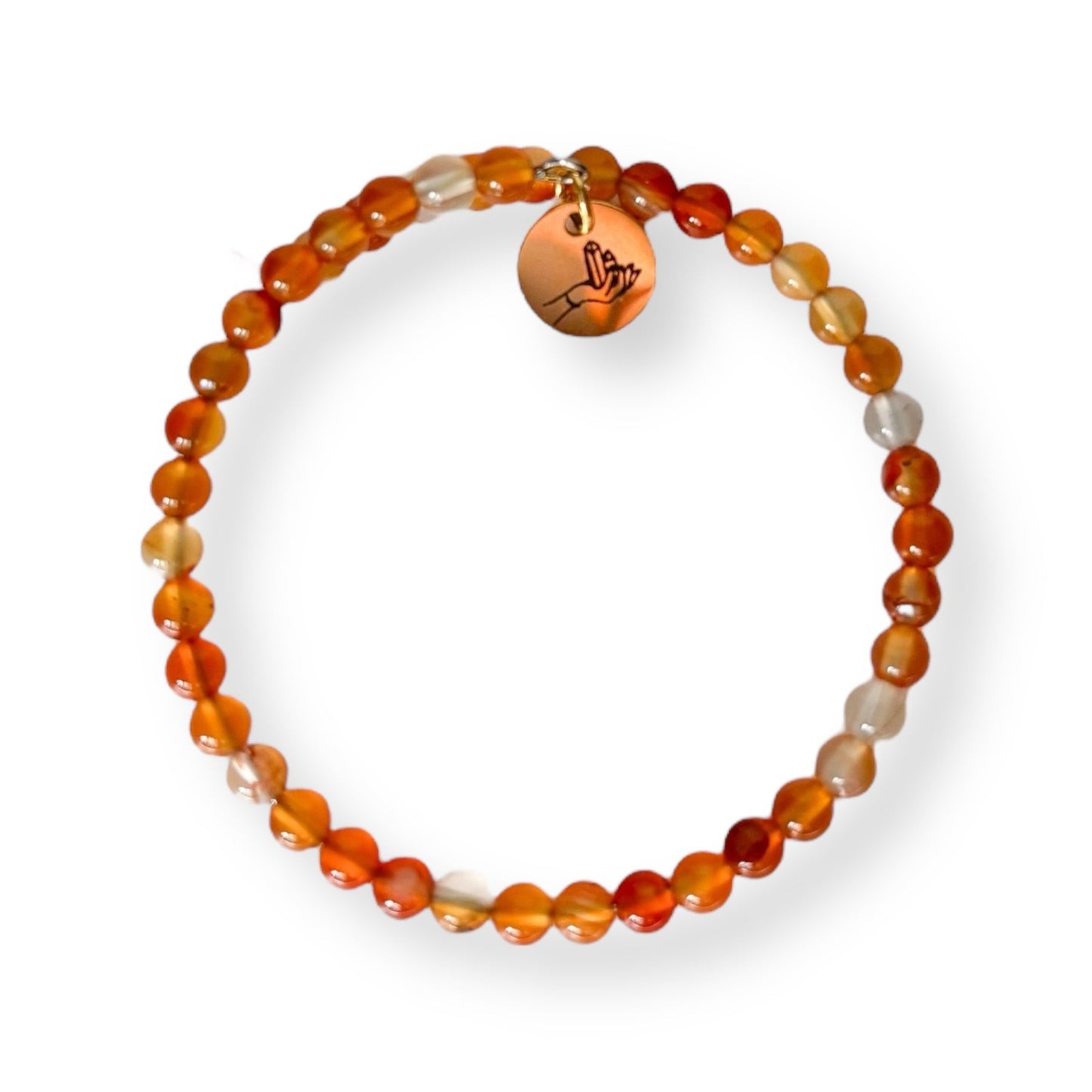 Carnelian wrap bracelet with 4mm round beads on flexible stainless steel band.