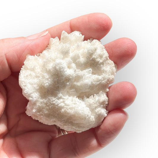 Cave Calcite (Aragonite) crystal cluster shown in hand for size reference and natural texture.