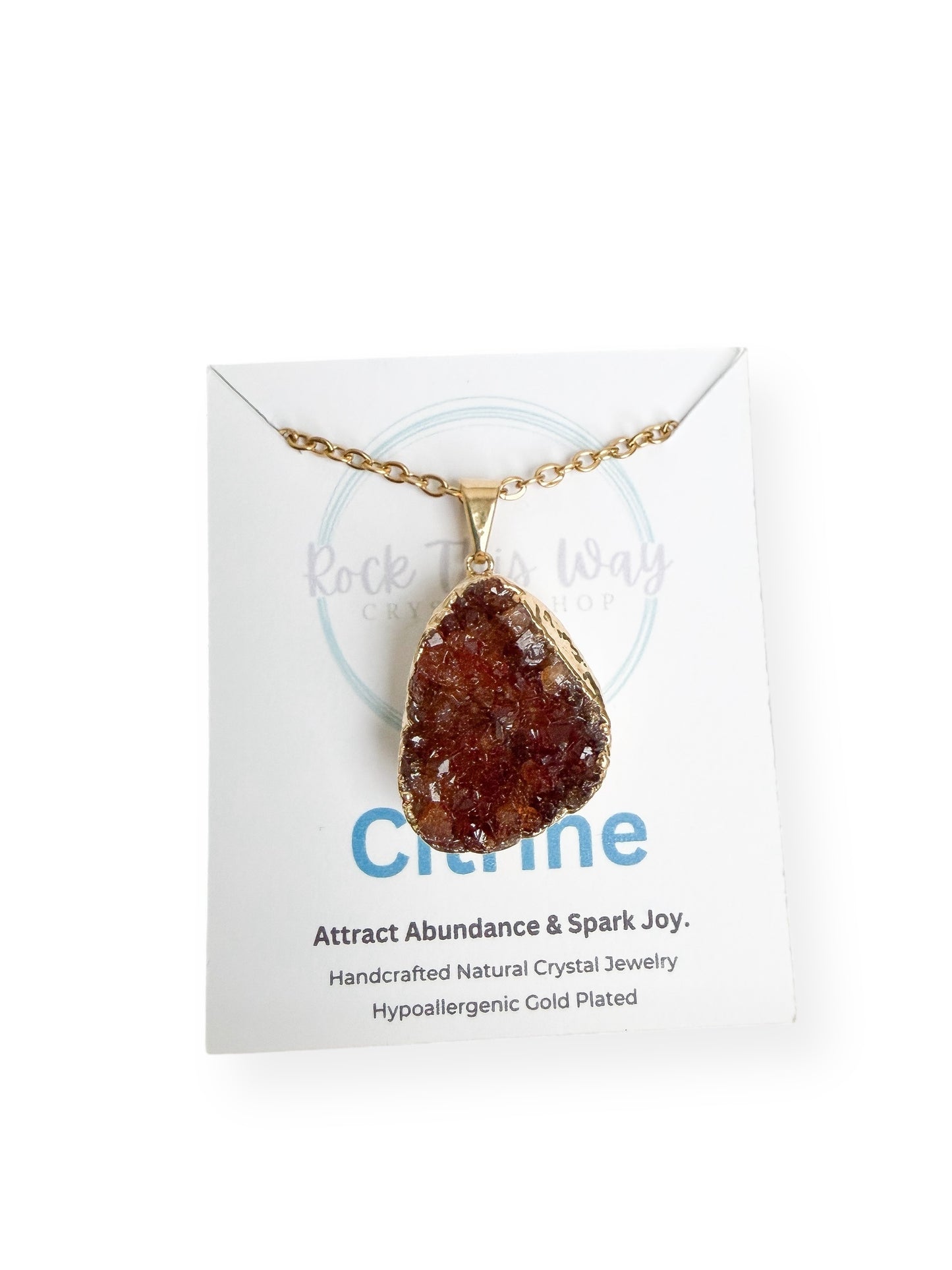 Gold plated citrine drusy cluster pendant necklace displayed on Rock This Way Crystal Shop packaging, ready for gifting.