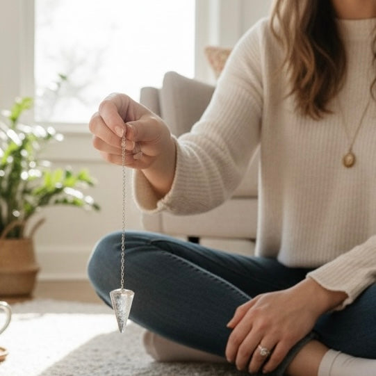 Clear quartz pendulum in hand used as a spiritual and metaphysical tool