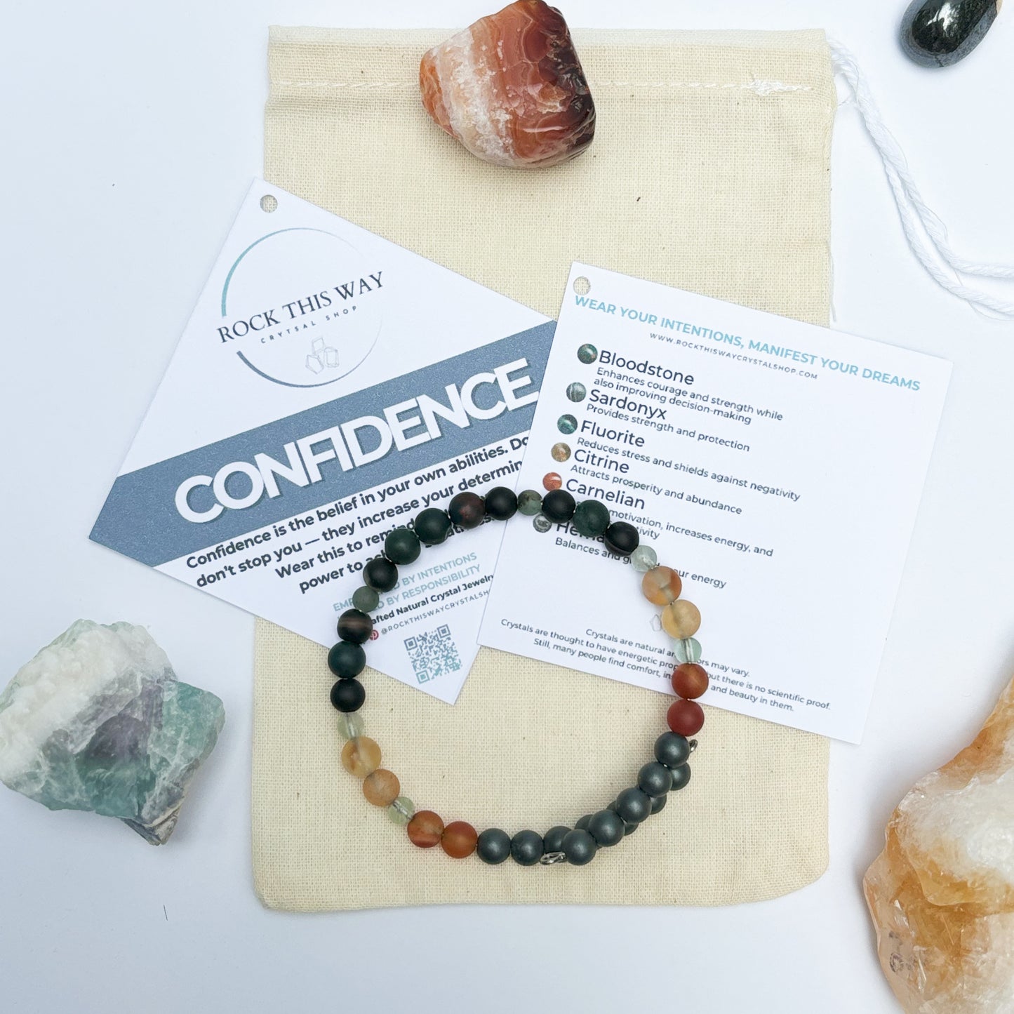 Men’s Confidence Bracelet displayed with gift-ready muslin bag and meaning card