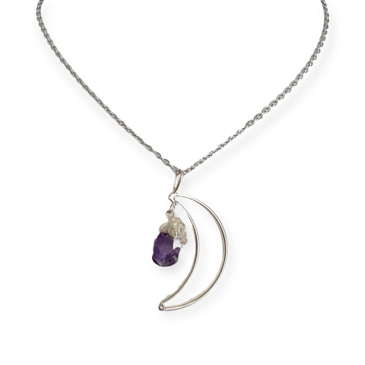 Crescent moon amethyst silver plated pendant necklace with raw purple amethyst crystal on stainless steel chain