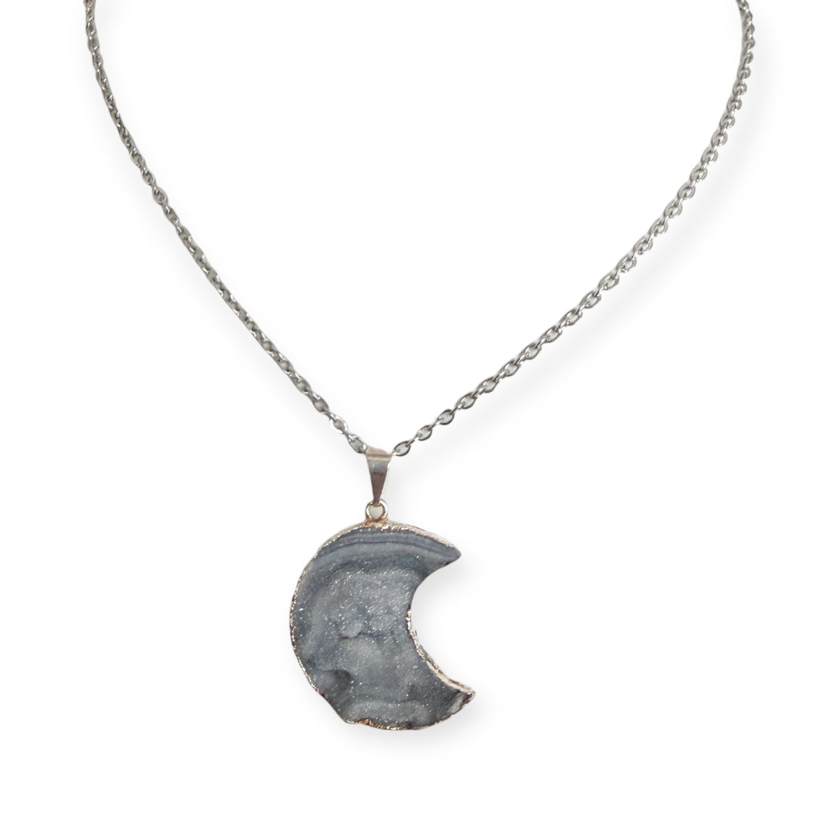 Crescent moon drusy silver plated pendant necklace with natural crystal on stainless steel chain