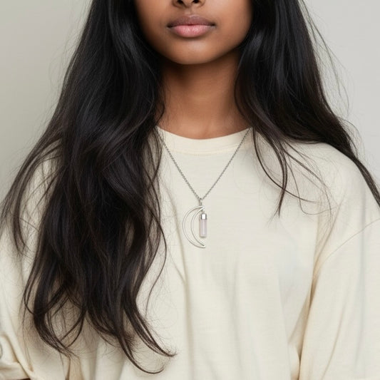 Modeled view of a silver plated crescent moon necklace with selenite crystal on a stainless steel chain, shown in an AI generated lifestyle image.