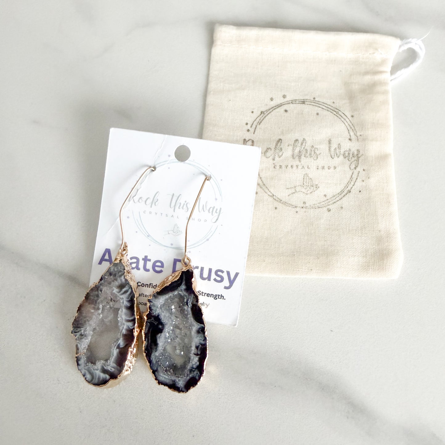 Dark agate slice geode earrings packaged on Rock This Way Crystal Shop jewelry card