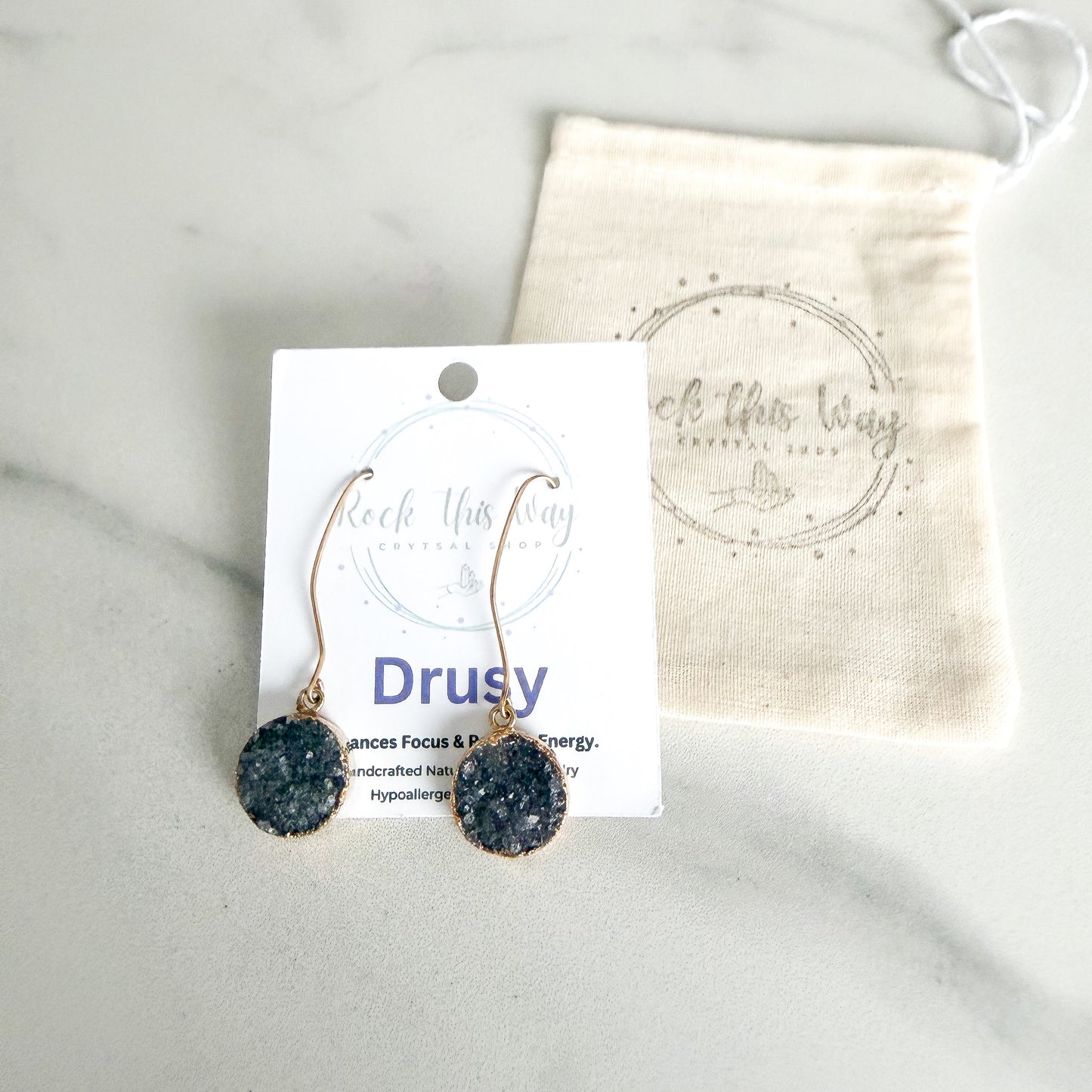 Dark gray round drusy earrings packaged and ready to gift with gold filled ear wires