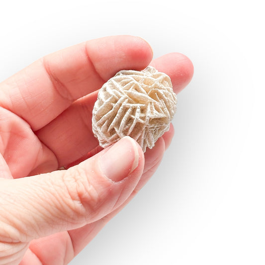 Hand holding Desert Rose Selenite crystal for scale reference