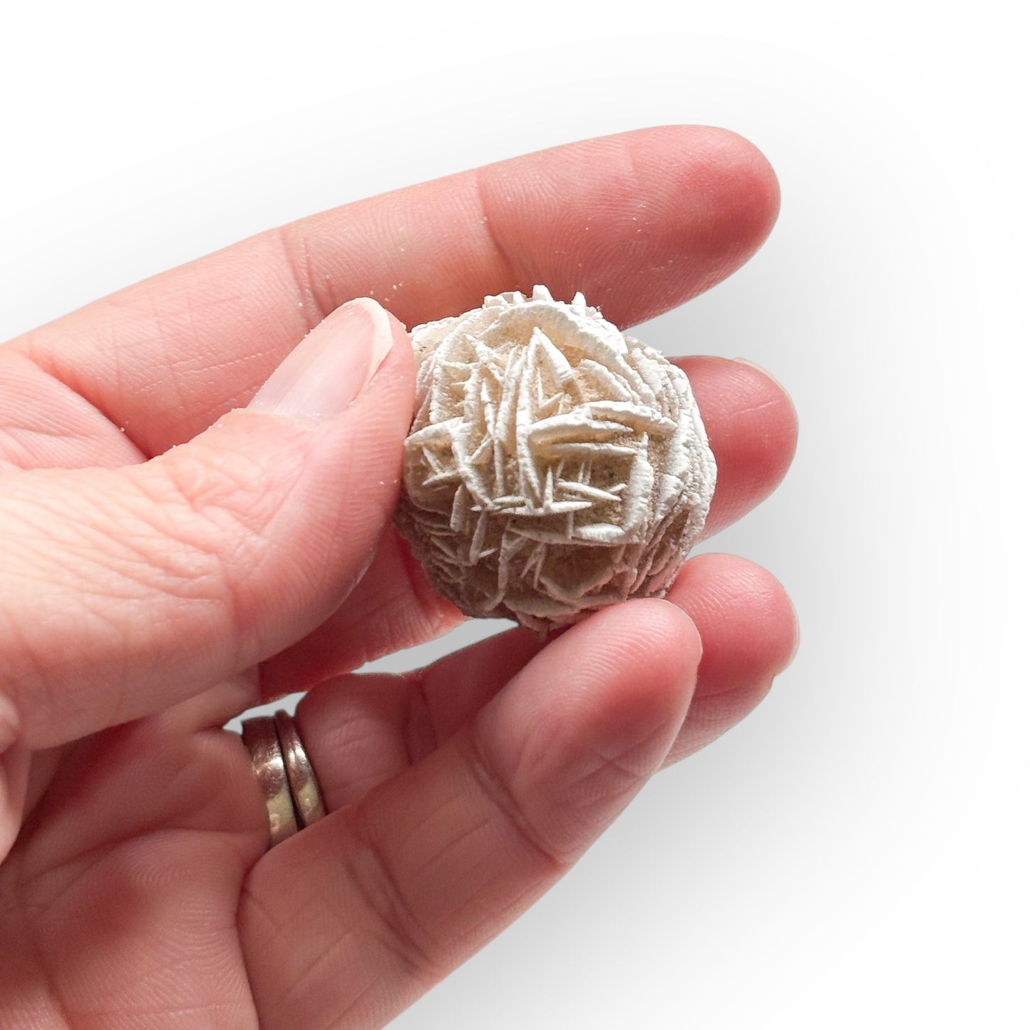 Hand holding Desert Rose Selenite crystal for scale reference