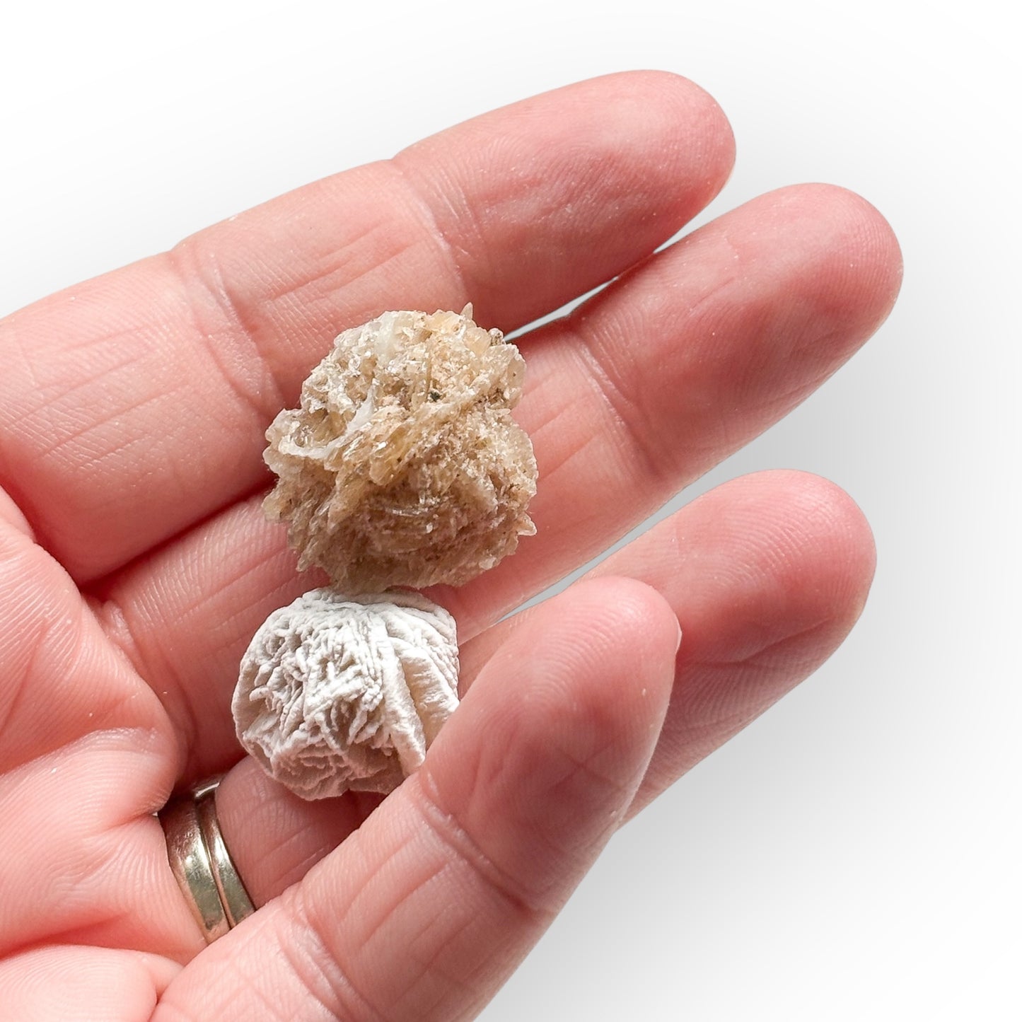 Hand holding Desert Rose Selenite crystal for scale reference