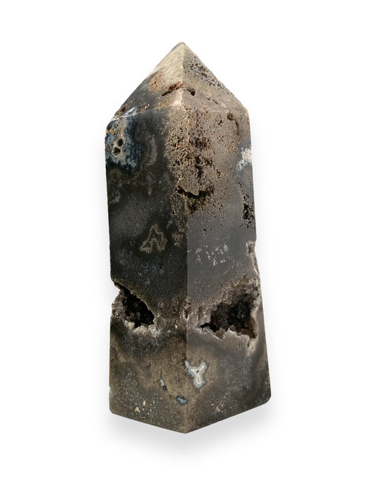 Side view of Drusy Agate crystal tower with organic gray and black markings
