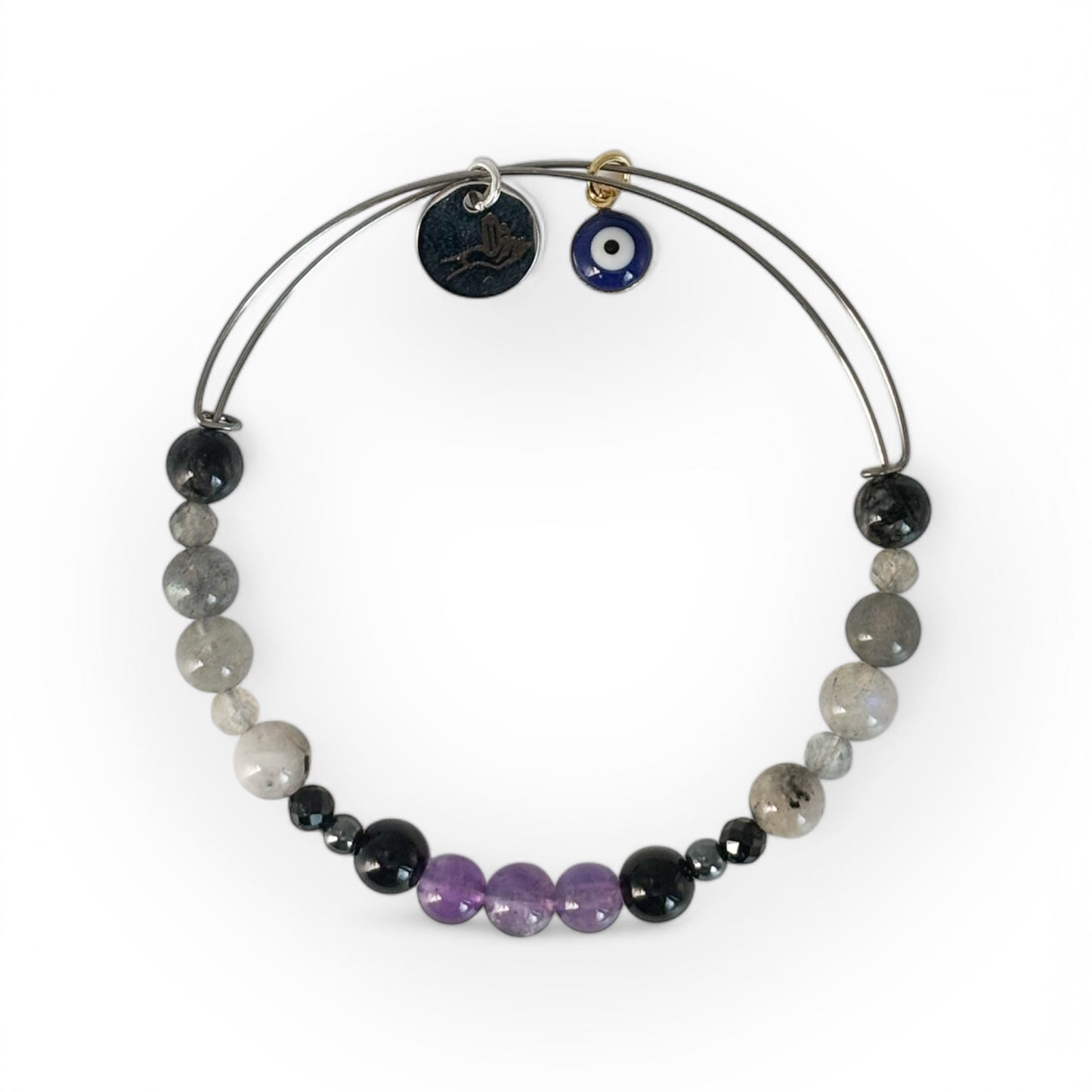 Protection Crystal Bracelet with amethyst and black tourmaline on meaning card