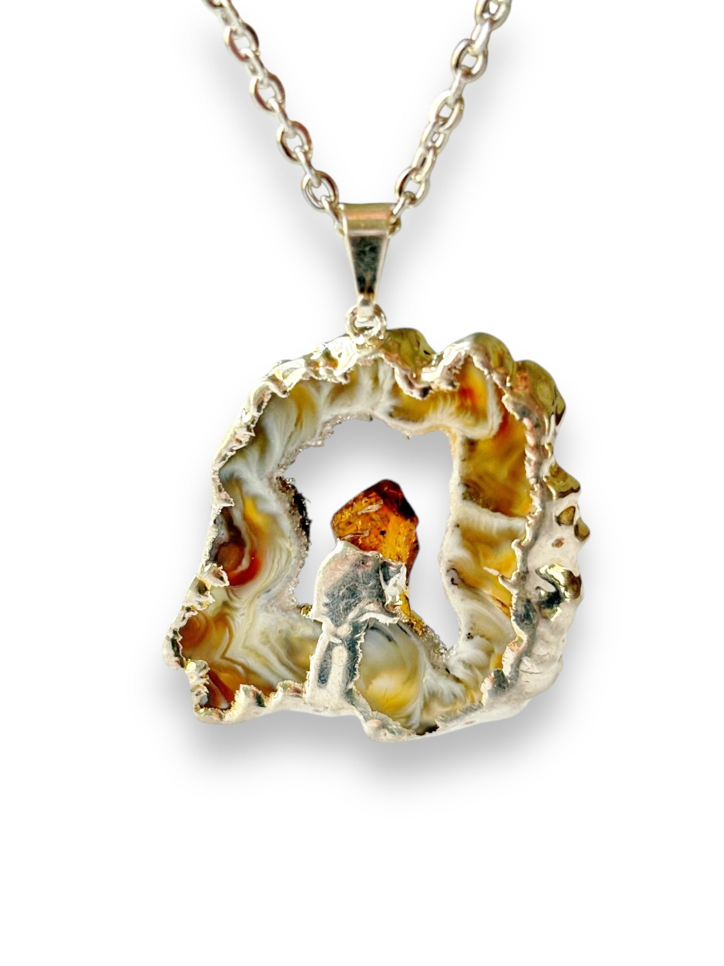 Cream-toned agate geode necklace with raw citrine point on stainless steel chain