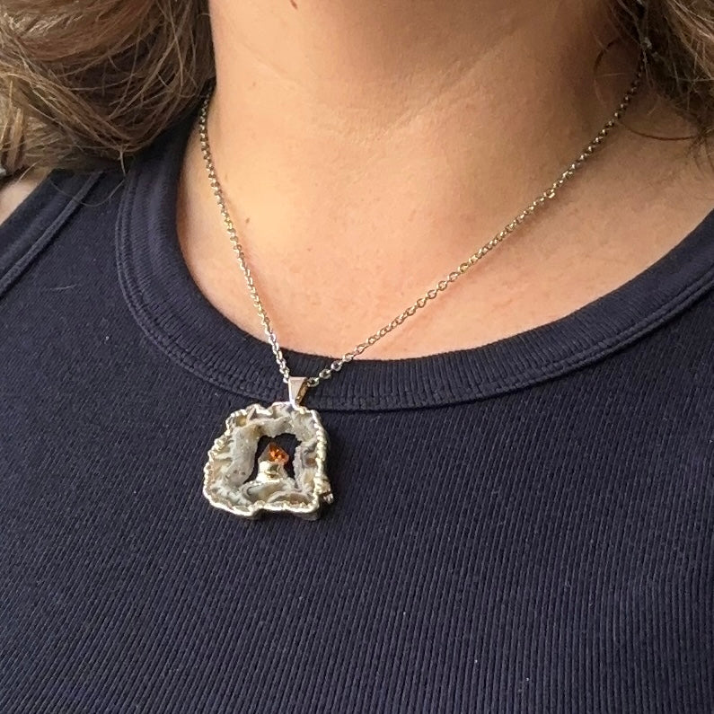 Unique multicolor geode with raw citrine crystal on stainless steel necklace