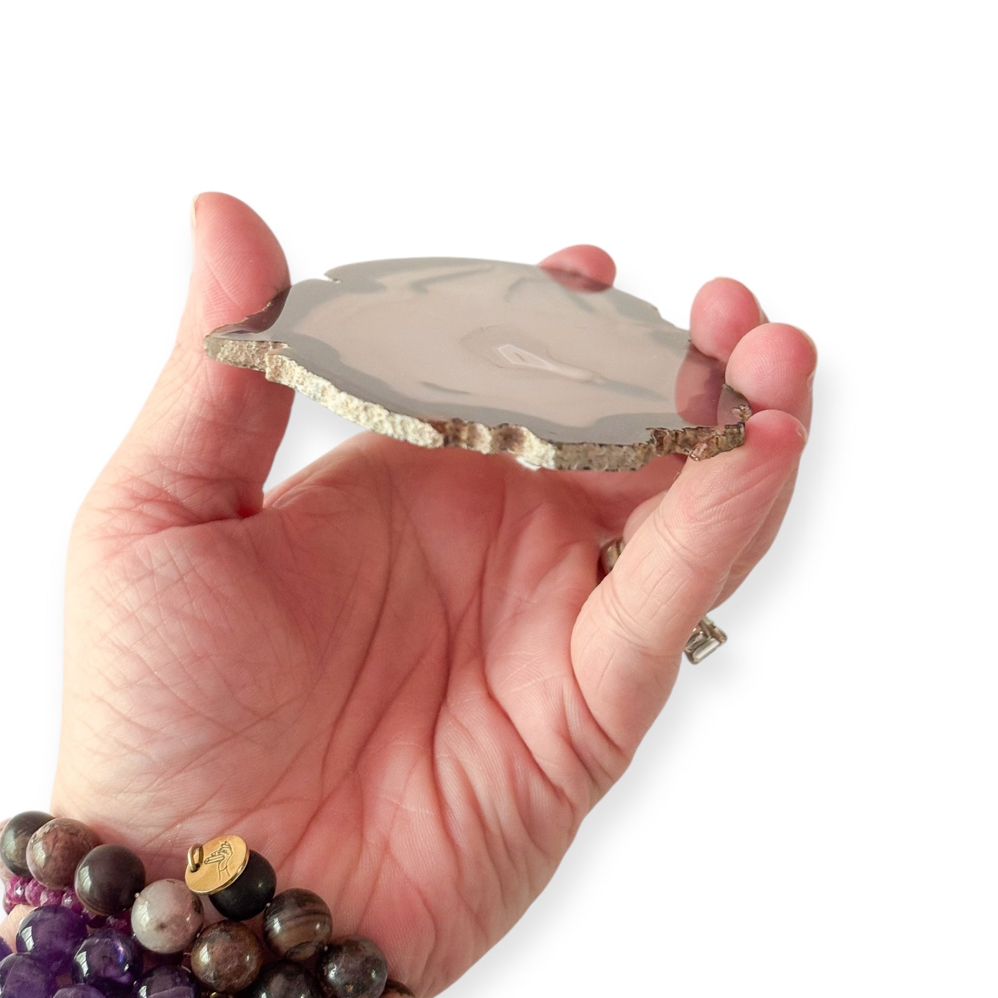 Gift-ready blue agate slice with calming energy and drusy sparkle