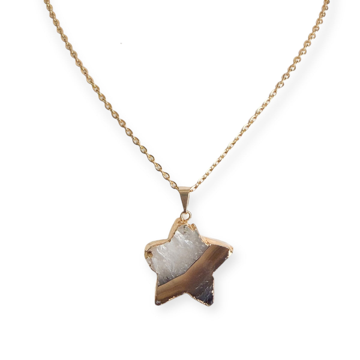 Gold plated amethyst star pendant necklace with soft lavender and pale purple crystal tones on a PVD gold plated stainless steel chain.