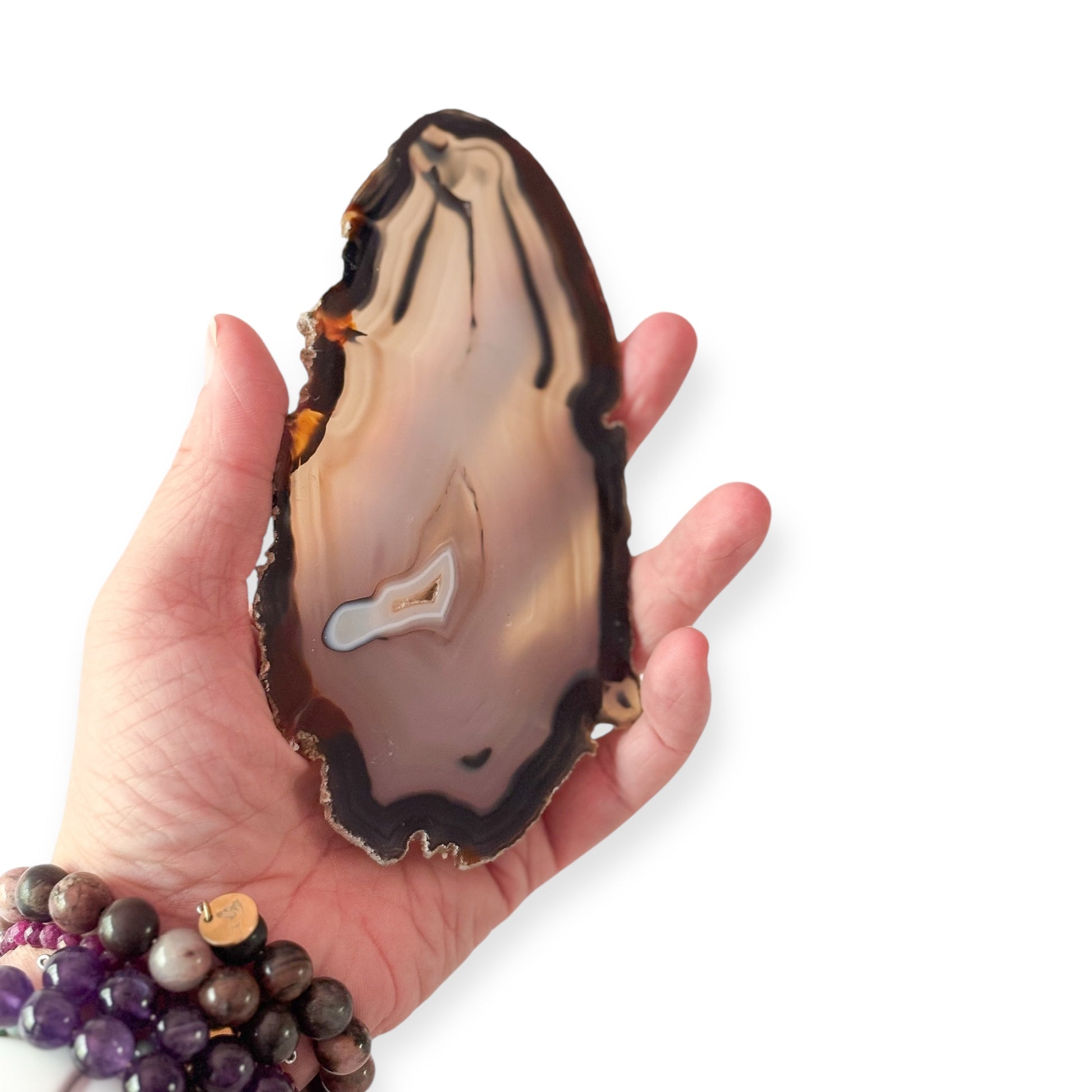 Hand holding oblong agate slice to show size and texture