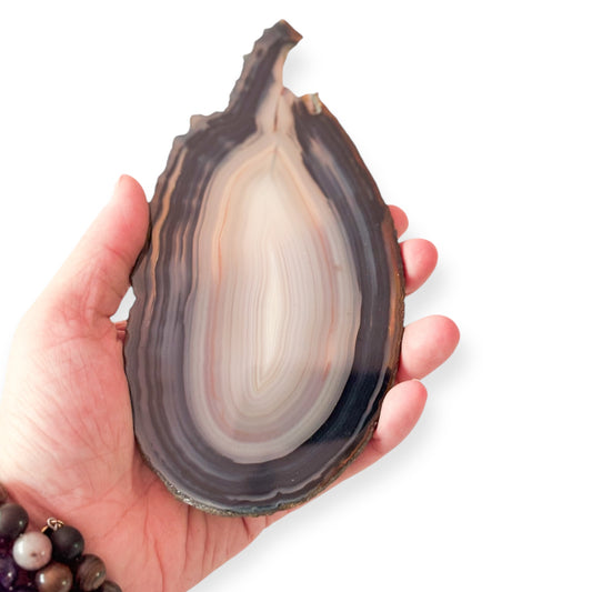 Hand holding blue agate slice to show size and shape