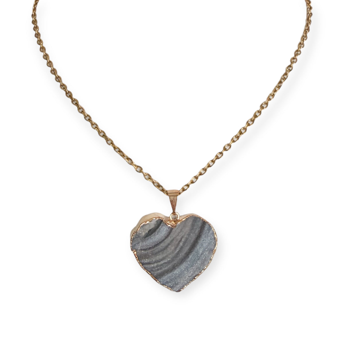 Gold plated heart drusy pendant necklace with natural gray crystal tones on a PVD gold plated stainless steel chain.