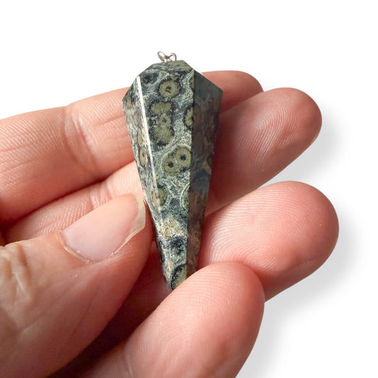 Hand holding a Kambaba Jasper dowsing pendulum, a grounding metaphysical and spiritual tool