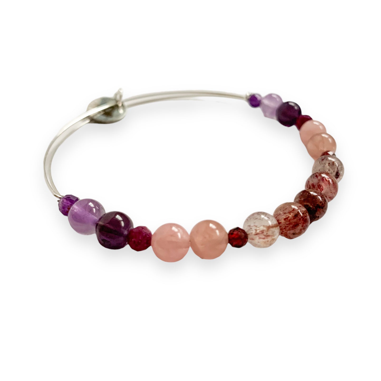 Expandable Love Bangle with pink and purple crystal beads and a silver charm