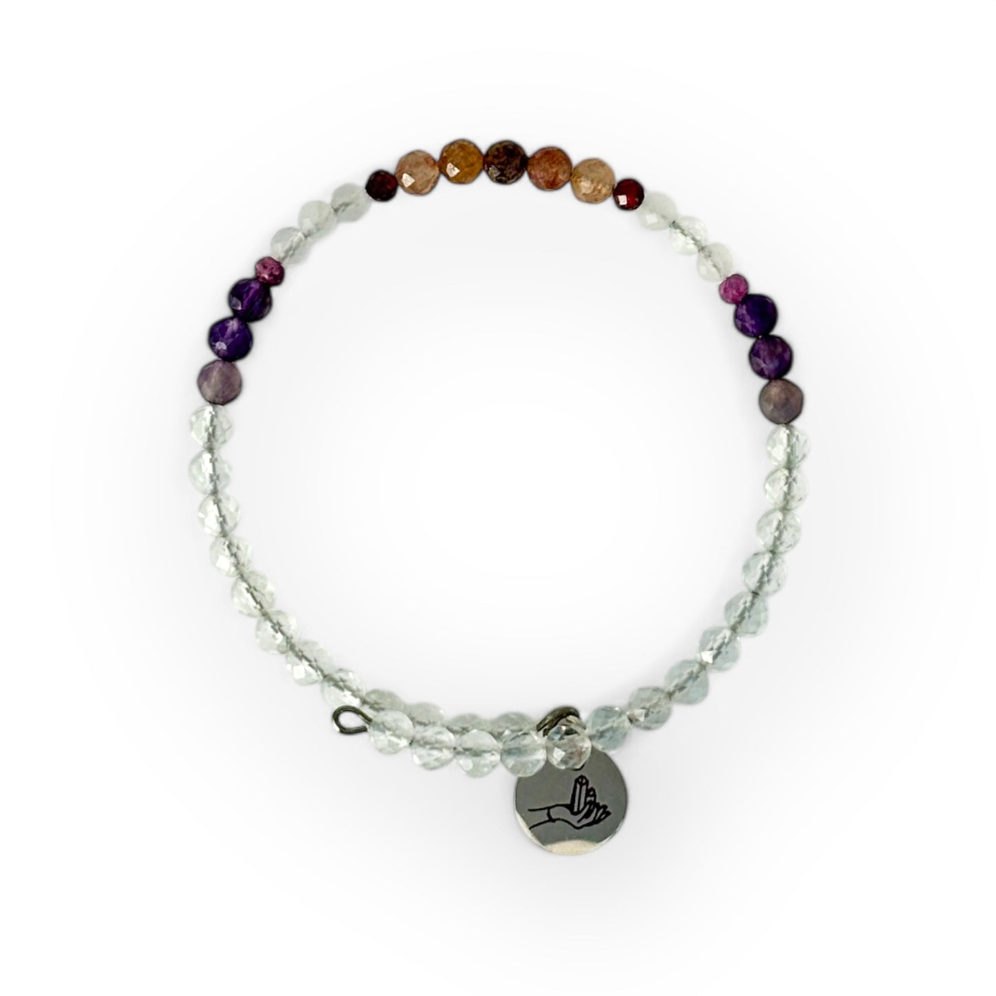 Love Wrap Bracelet with pink and purple crystal beads shown on white background