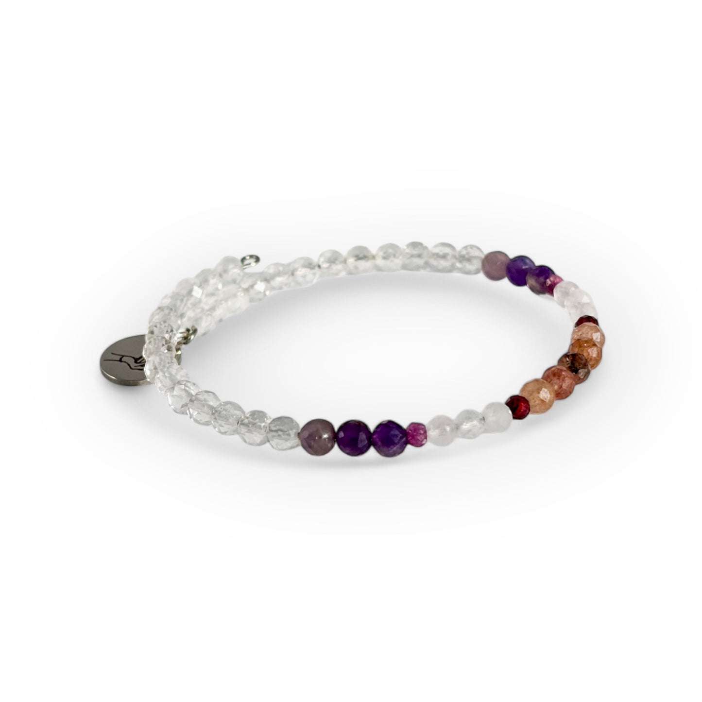 Side angle of Love Wrap Bracelet with faceted beads and stainless steel band
