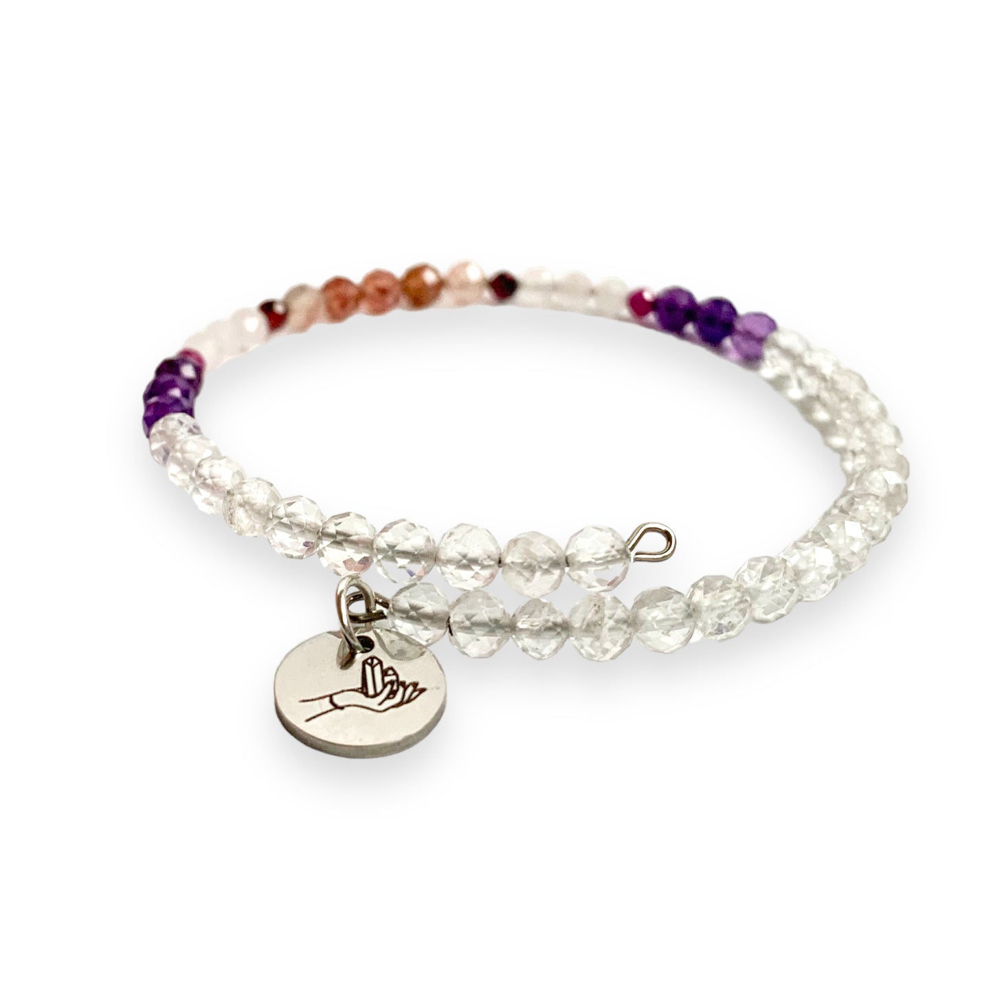 Micro-faceted Love Bracelet with Ruby, Rose Quartz, and Clear Quartz on white background
