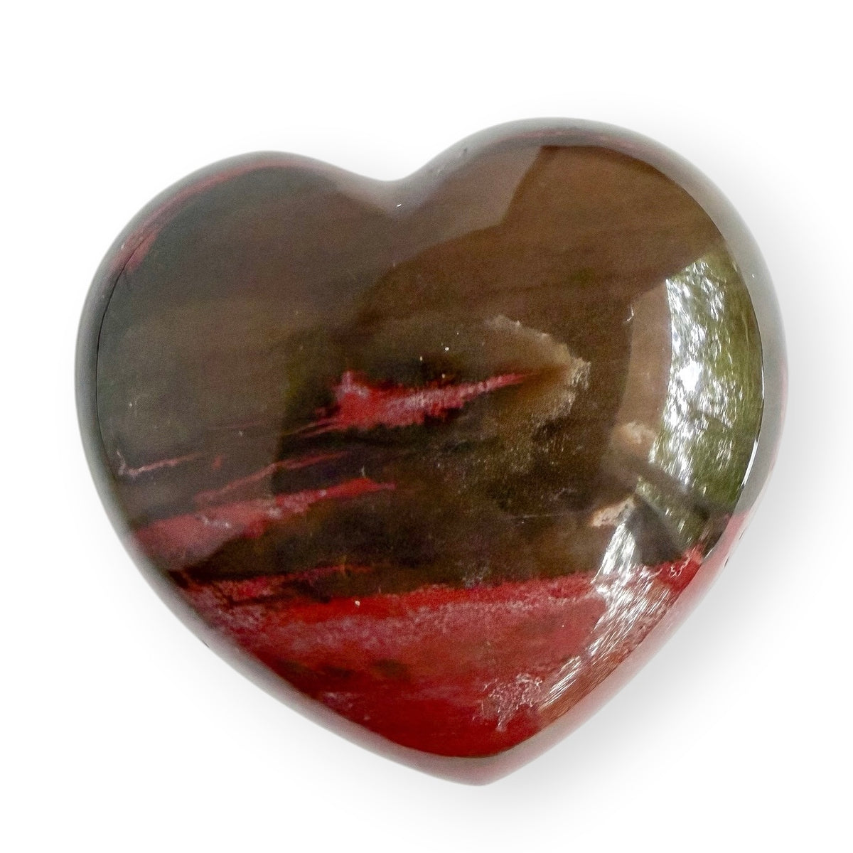Polished Madagascar Petrified Wood heart featuring rich red, brown, and burgundy natural wood-like patterns.