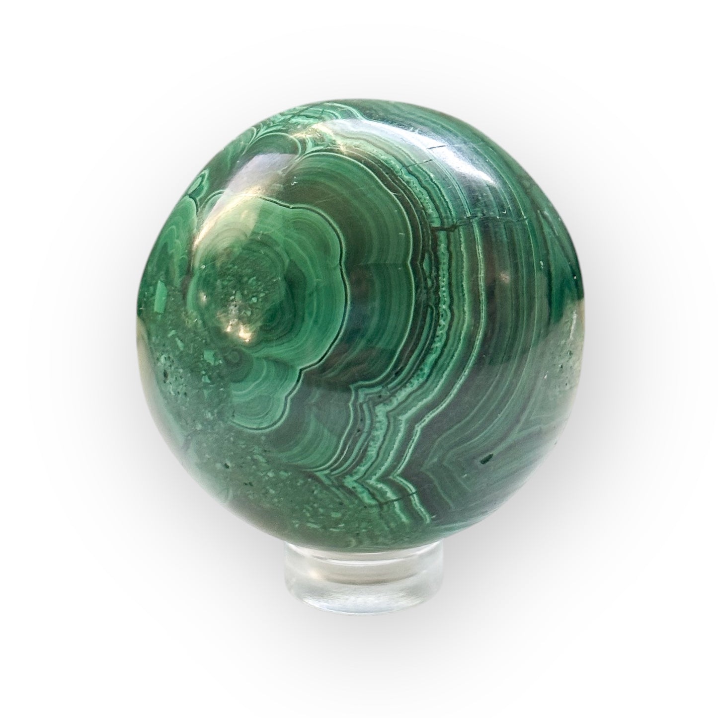 Polished Malachite sphere with deep green banding shown on white background.