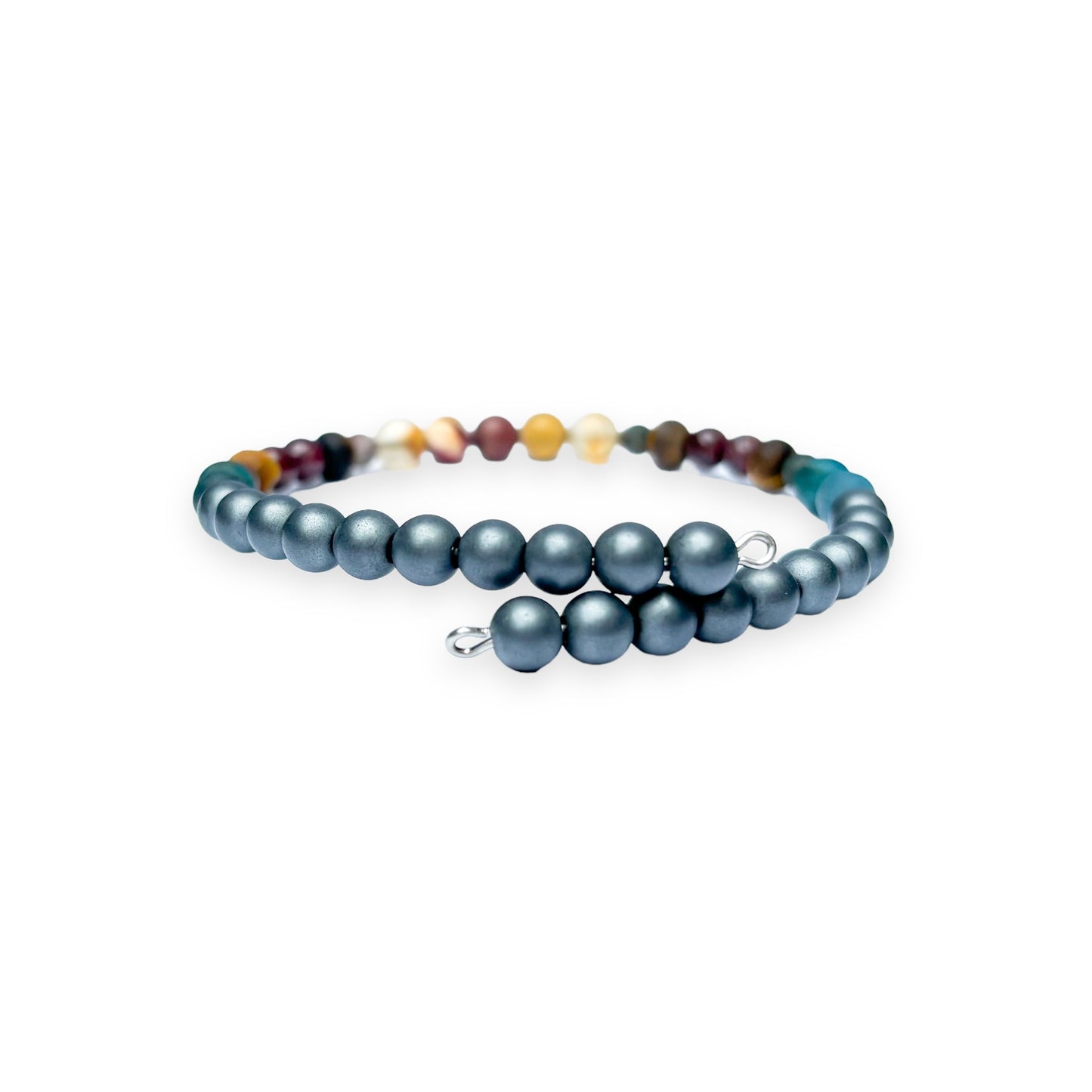 Close-up of unisex motivation bracelet with Mookaite, Apatite, Tiger’s Eye, and Citrine