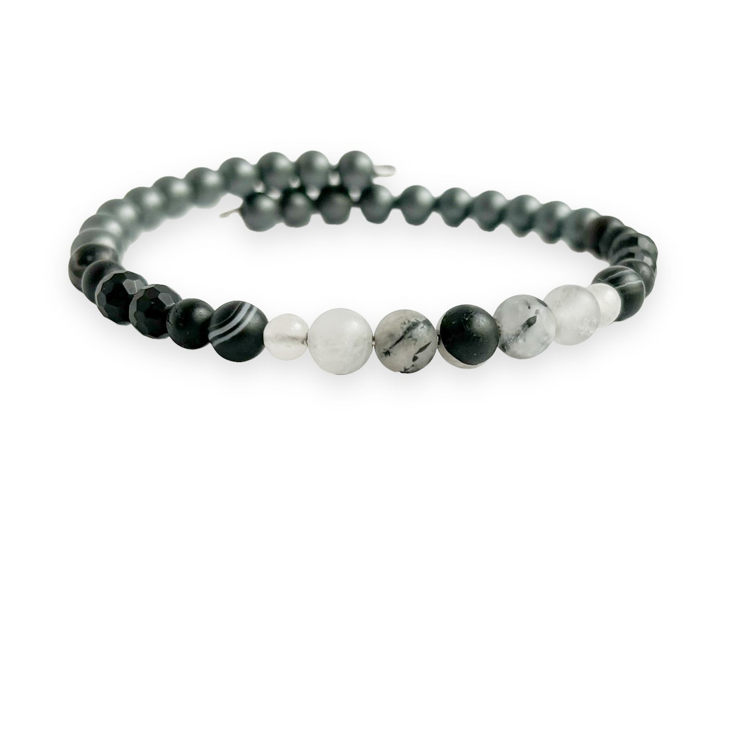 Close-up of men’s strength bracelet with Hematite, Onyx, and Tourmalinated Quartz